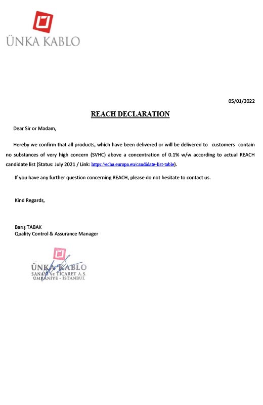 Reach ve RoHS Belgesi, REACH and RoHS Declaration